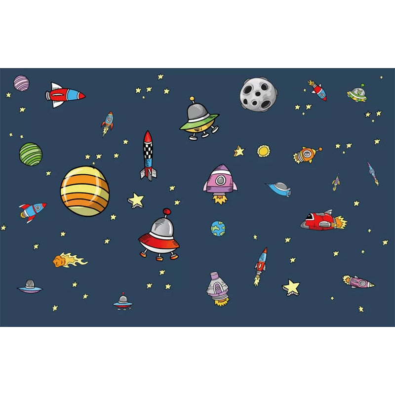 Whole Rocket and Planet Mural for Children Stars Wall Covering in Dark Blue, Stain-Resistant Clearhalo 'Wall Decor' 'Wall Mural' 1048627