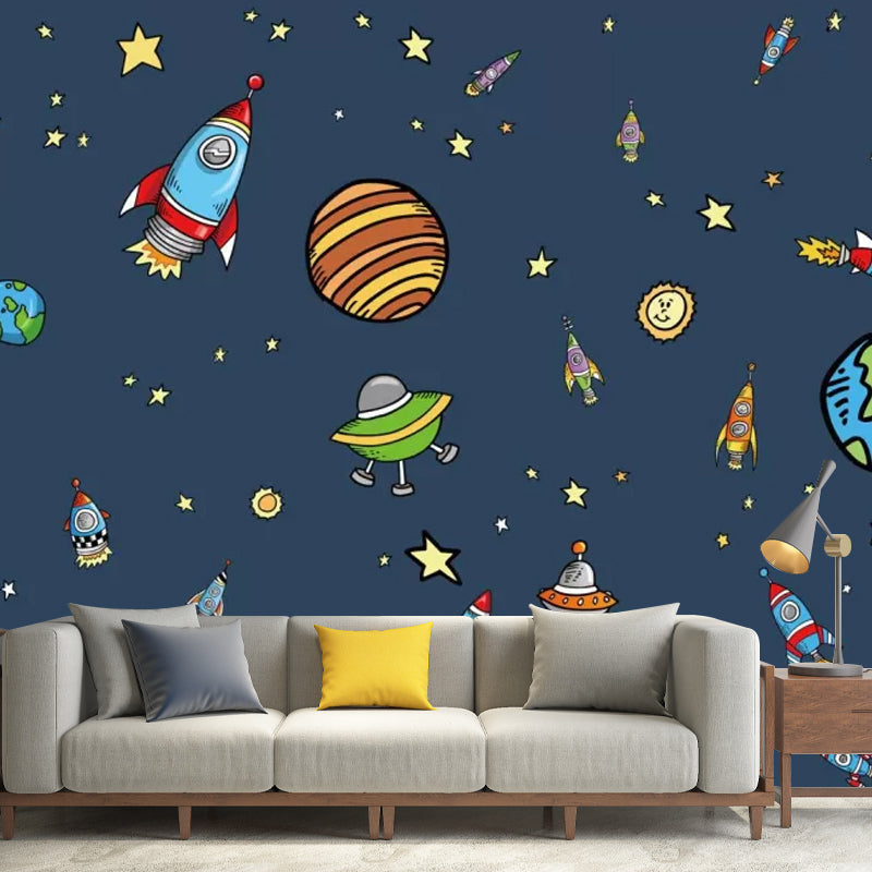 Enormous Illustration Nordic Mural Wallpaper for Kid's Bedroom with Cartoon Deep Space Design in Dark Blue Dark Blue Clearhalo 'Wall Decor' 'Wall Mural' 1048629