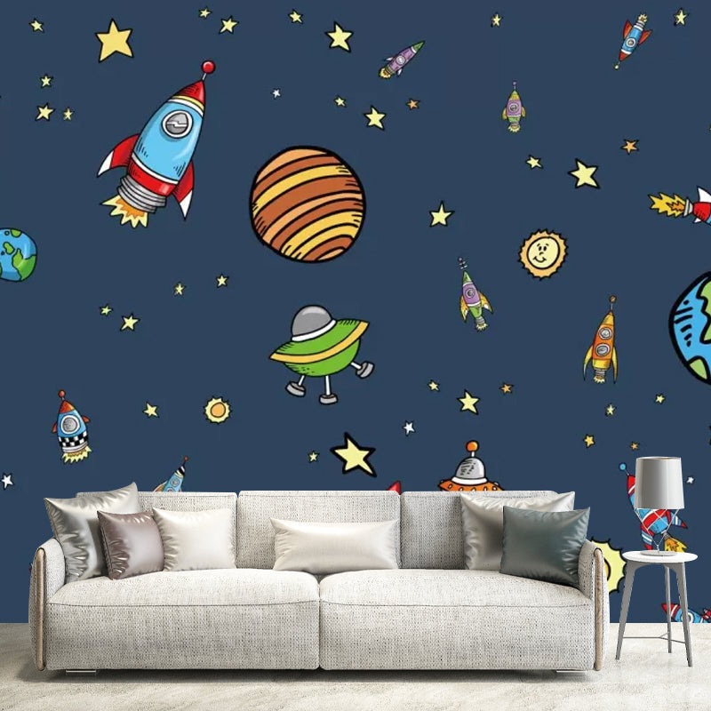 Enormous Illustration Nordic Mural Wallpaper for Kid's Bedroom with Cartoon Deep Space Design in Dark Blue Clearhalo 'Wall Decor' 'Wall Mural' 1048630