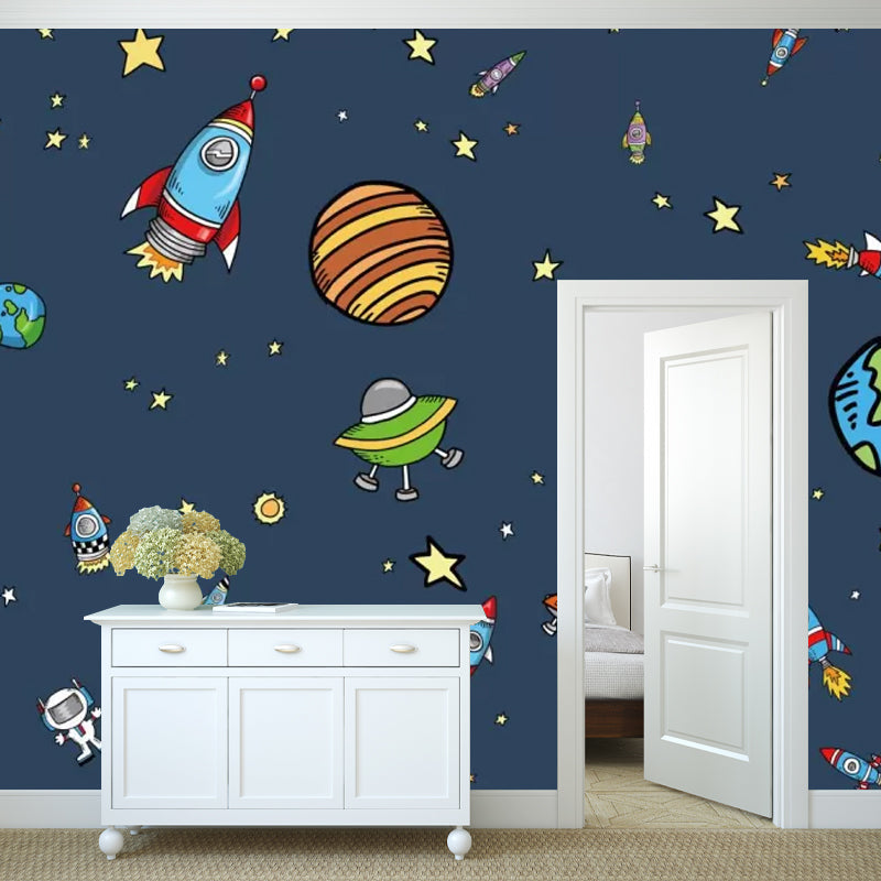 Enormous Illustration Nordic Mural Wallpaper for Kid's Bedroom with Cartoon Deep Space Design in Dark Blue Clearhalo 'Wall Decor' 'Wall Mural' 1048631