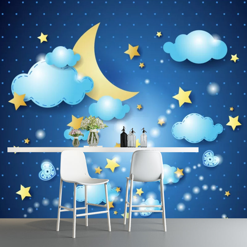 Illustration Moon and Stars Mural for Boy's or Girl's Bedroom in Blue, Personalized Size Available Blue Clearhalo 'Wall Decor' 'Wall Mural' 1048637