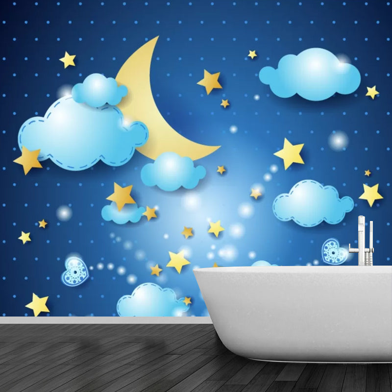 Illustration Moon and Stars Mural for Boy's or Girl's Bedroom in Blue, Personalized Size Available Clearhalo 'Wall Decor' 'Wall Mural' 1048638