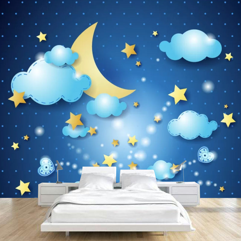 Illustration Moon and Stars Mural for Boy's or Girl's Bedroom in Blue, Personalized Size Available Clearhalo 'Wall Decor' 'Wall Mural' 1048639