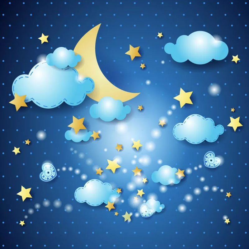 Illustration Moon and Stars Mural for Boy's or Girl's Bedroom in Blue, Personalized Size Available Clearhalo 'Wall Decor' 'Wall Mural' 1048640