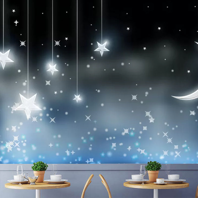 Decorative Stars and Moon Mural Non-Woven Fabric Simplicity Wall Art for Children's Bedroom Blue-Black Clearhalo 'Wall Decor' 'Wall Mural' 1048642