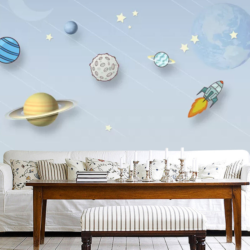 Large Minimalist Wall Covering in Soft Blue Cartoon Planet Wall Mural Decal, Made to Measure Clearhalo 'Wall Decor' 'Wall Mural' 1048648