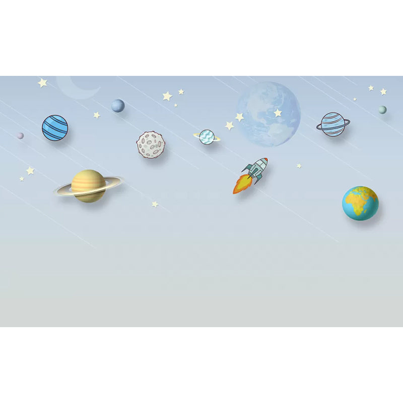 Large Minimalist Wall Covering in Soft Blue Cartoon Planet Wall Mural Decal, Made to Measure Clearhalo 'Wall Decor' 'Wall Mural' 1048650