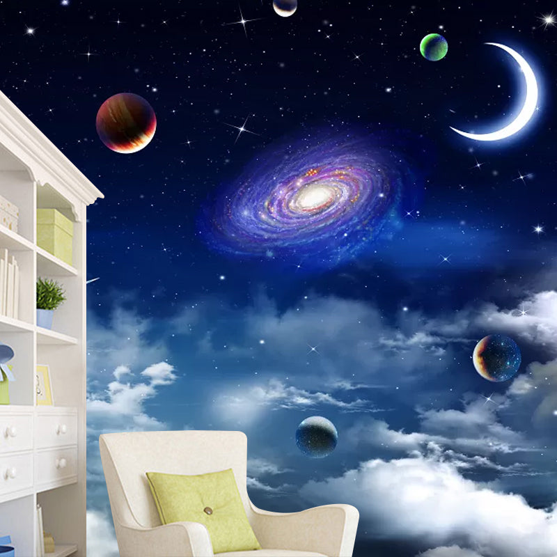 Outer Space Wall Mural Decal for Accent Wall, Blue and White, Personalized Size Available Clearhalo 'Wall Decor' 'Wall Mural' 1048657