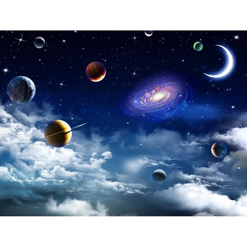 Outer Space Wall Mural Decal for Accent Wall, Blue and White, Personalized Size Available Clearhalo 'Wall Decor' 'Wall Mural' 1048658