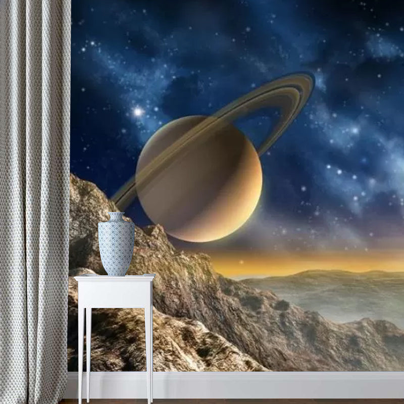 Contemporary Planet and Mountain Mural in Blue and Brown Bedroom Decorative Wall Covering, Custom-Made Clearhalo 'Wall Decor' 'Wall Mural' 1048667