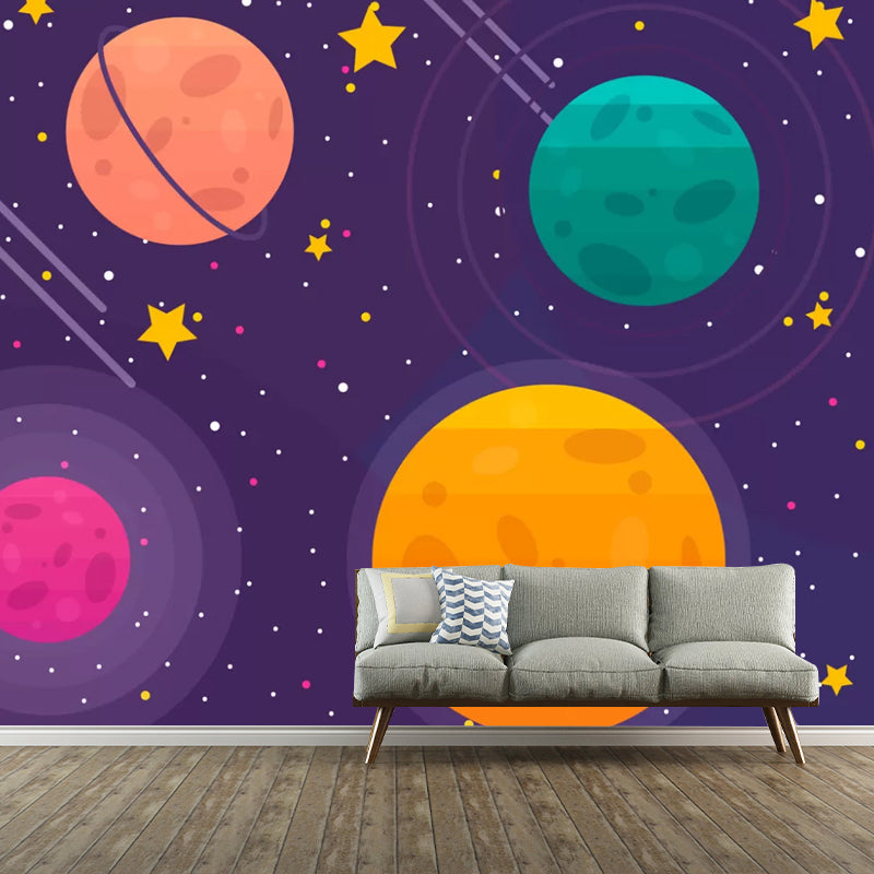 Orange and Purple Simple Mural Custom-Printed Cartoon Planet Wall Covering for Children Orange-Purple Clearhalo 'Wall Decor' 'Wall Mural' 1048710