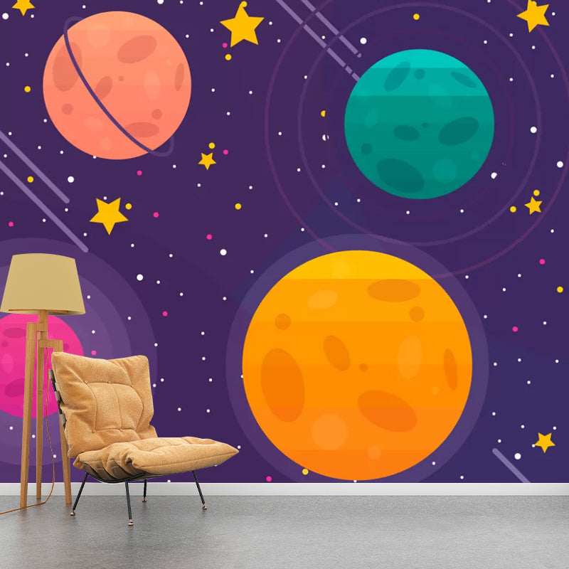 Orange and Purple Simple Mural Custom-Printed Cartoon Planet Wall Covering for Children Clearhalo 'Wall Decor' 'Wall Mural' 1048711