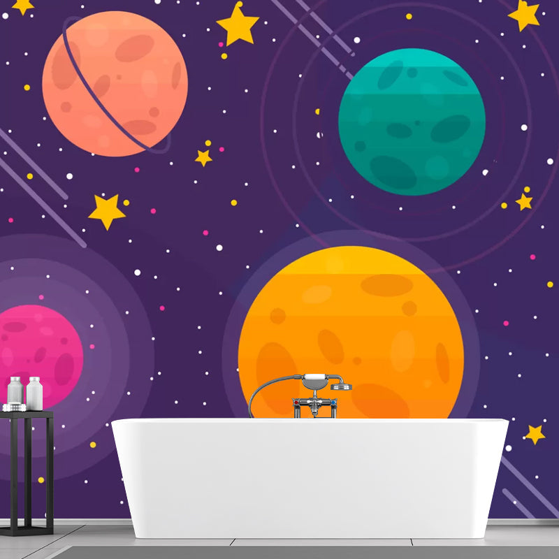 Orange and Purple Simple Mural Custom-Printed Cartoon Planet Wall Covering for Children Clearhalo 'Wall Decor' 'Wall Mural' 1048712