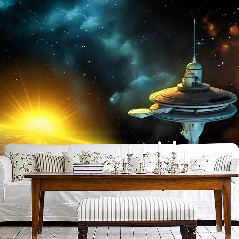 Simplicity Satellite and Planet Mural in Blue and Yellow Ceiling Wall Covering, Personalized Size Available Clearhalo 'Wall Decor' 'Wall Mural' 1048742