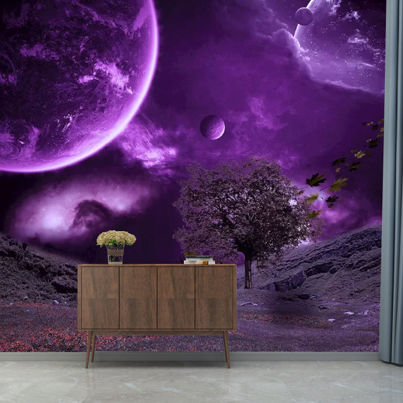 Planet and Desert Mural Wallpaper Contemporary Wall Covering in Purple, Custom Size Available Purple Clearhalo 'Wall Decor' 'Wall Mural' 1048804