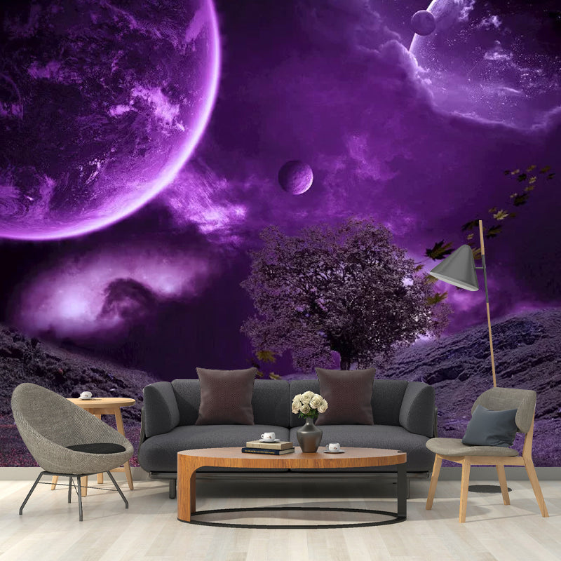 Planet and Desert Mural Wallpaper Contemporary Wall Covering in Purple, Custom Size Available Clearhalo 'Wall Decor' 'Wall Mural' 1048805