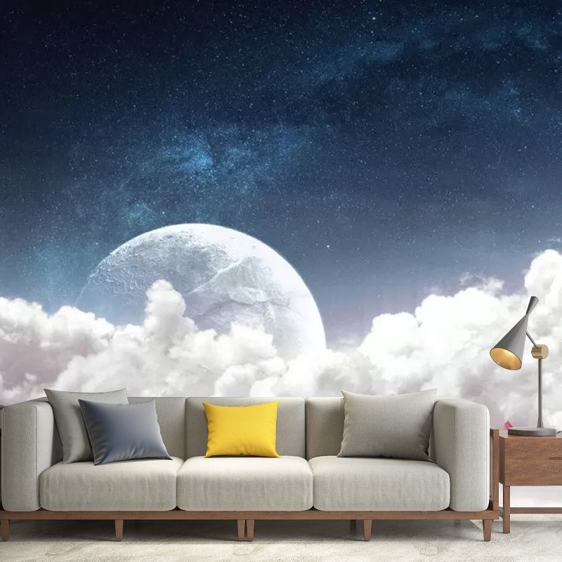 Whole Cloud and Moon Mural in Blur and White Non-Woven Fabric Wall Art for Ceiling, Made to Measure Blue-White Clearhalo 'Wall Decor' 'Wall Mural' 1048817