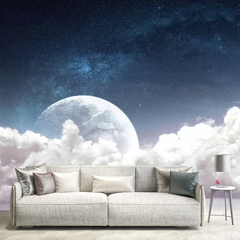 Whole Cloud and Moon Mural in Blur and White Non-Woven Fabric Wall Art for Ceiling, Made to Measure Clearhalo 'Wall Decor' 'Wall Mural' 1048818