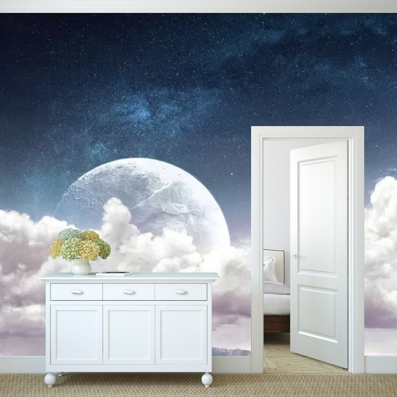 Whole Cloud and Moon Mural in Blur and White Non-Woven Fabric Wall Art for Ceiling, Made to Measure Clearhalo 'Wall Decor' 'Wall Mural' 1048819