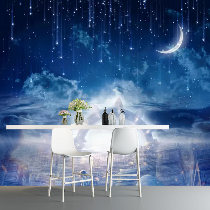 Simple Moon and Town Mural in Blue Home Decorative Wall Covering, Personalized Size Available Blue Clearhalo 'Wall Decor' 'Wall Mural' 1048822