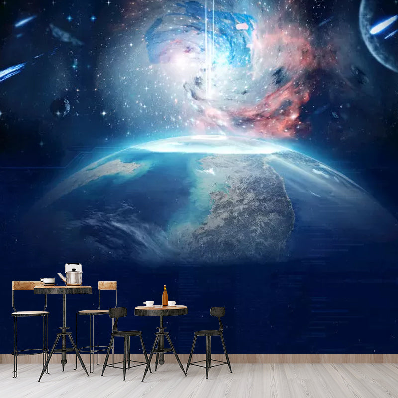 Dark Blue Minimalist Wall Mural Custom Size Planet Wall Covering for Accent Wall Blue Clearhalo 'Wall Decor' 'Wall Mural' 1048876