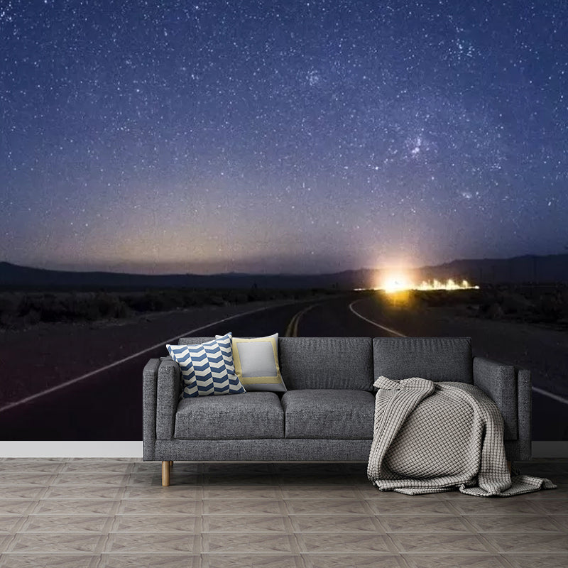 Starry Sky and Road Mural Wallpaper for Living Room Decor, Dark Blue, Made to Measure Blue Clearhalo 'Wall Decor' 'Wall Mural' 1048895