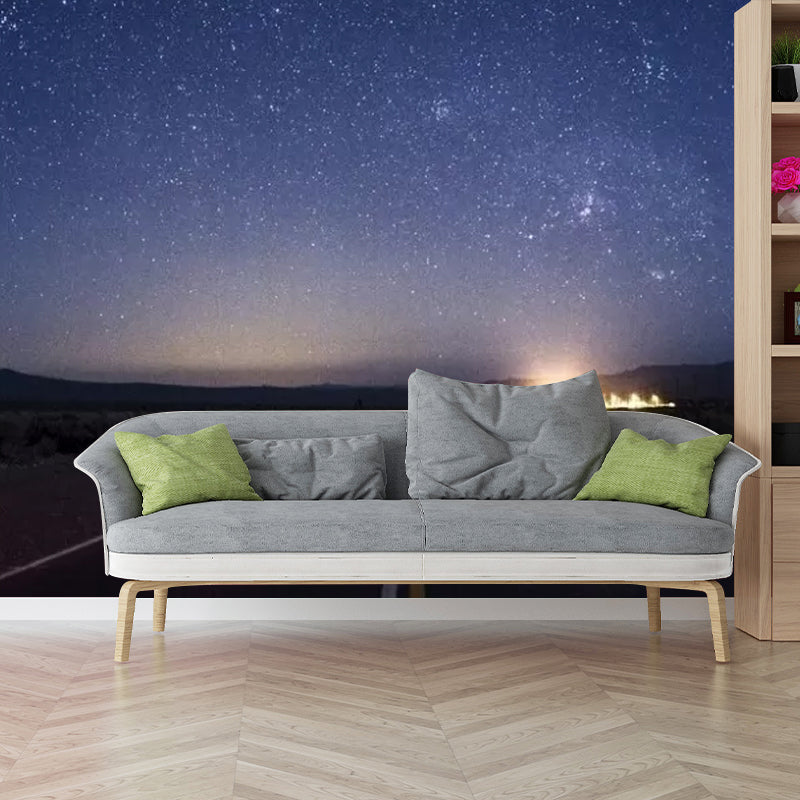 Starry Sky and Road Mural Wallpaper for Living Room Decor, Dark Blue, Made to Measure Clearhalo 'Wall Decor' 'Wall Mural' 1048897