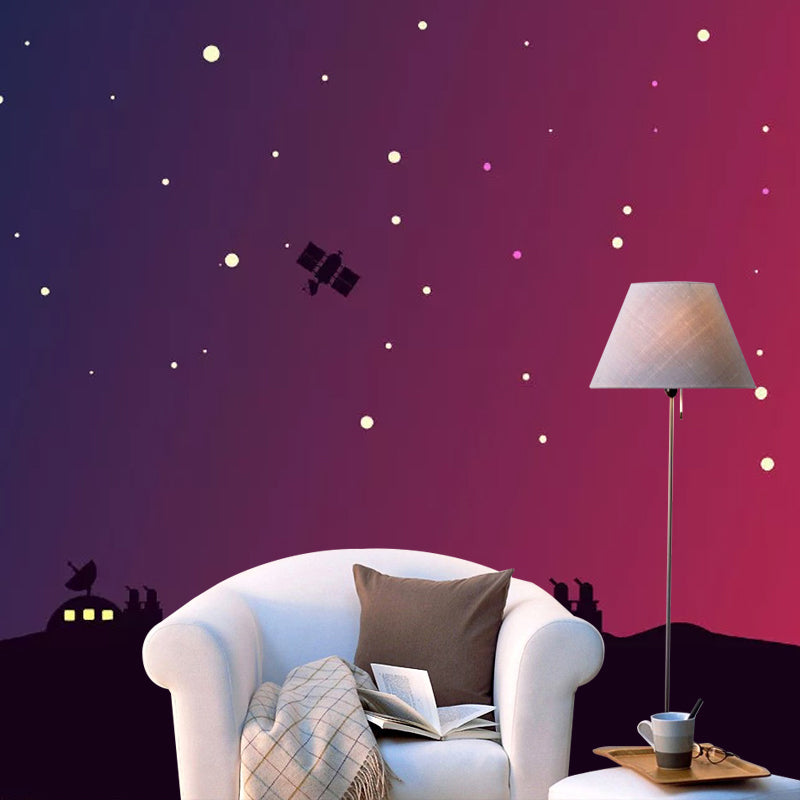 Galaxy and House Mural Wallpaper for Kid's Bedroom, Red and Black, Custom-Printed Red Clearhalo 'Wall Decor' 'Wall Mural' 1048938