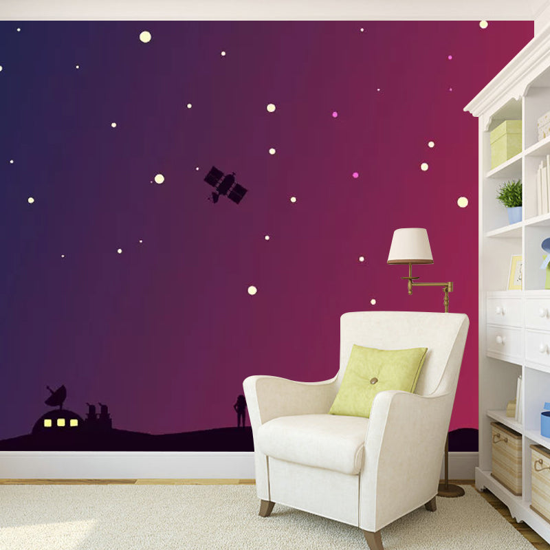 Galaxy and House Mural Wallpaper for Kid's Bedroom, Red and Black, Custom-Printed Clearhalo 'Wall Decor' 'Wall Mural' 1048940