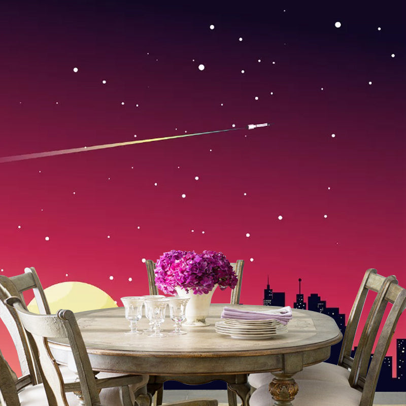 Big Galaxy and Building Mural in Red Non-Woven Fabric Wall Covering for Kids, Personalized Size Available Clearhalo 'Wall Decor' 'Wall Mural' 1048949