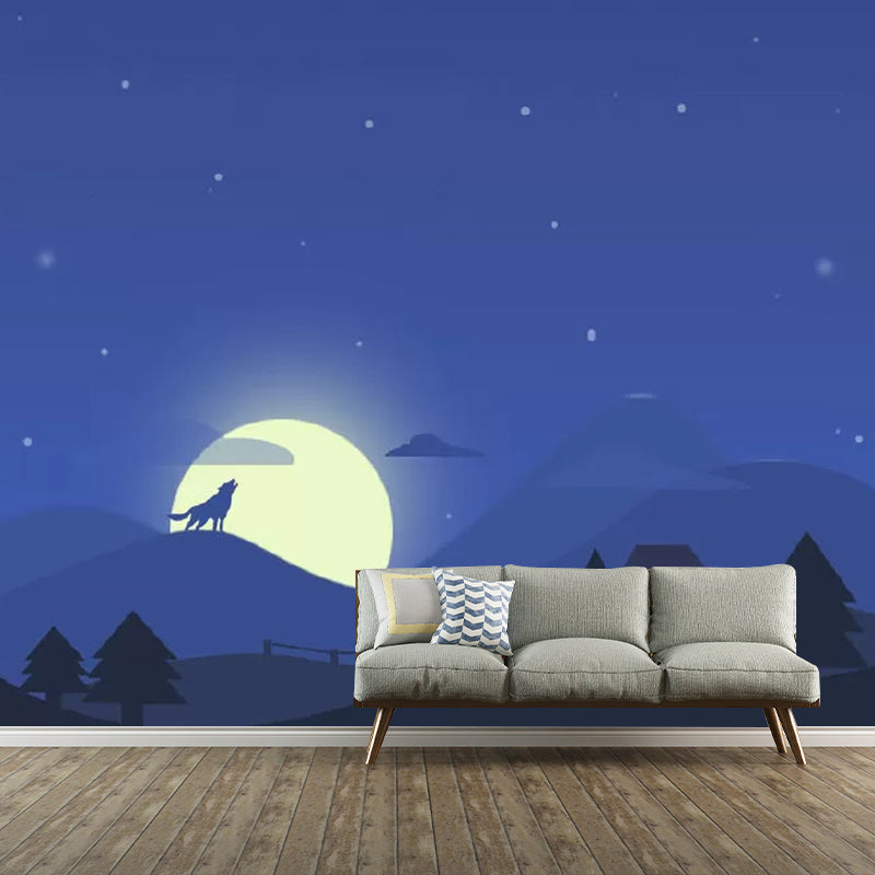 Blue Mountain and Moon Mural Wallpaper Moisture-Resistant Wall Art for Kid's Bedroom Blue Clearhalo 'Wall Decor' 'Wall Mural' 1049001