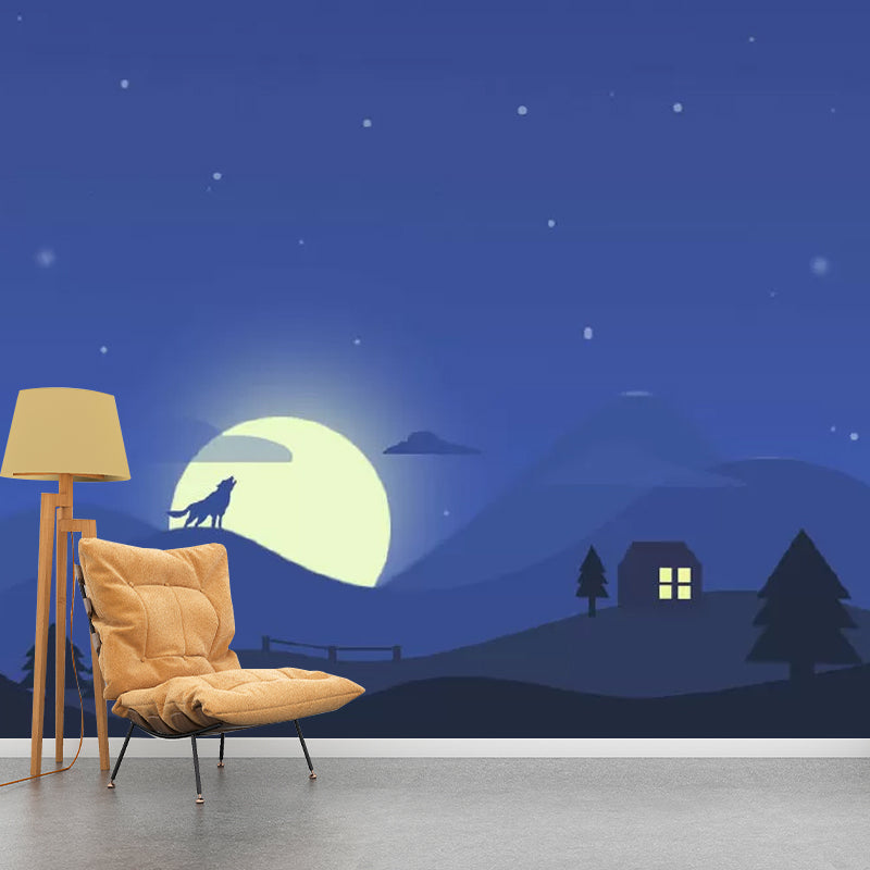 Blue Mountain and Moon Mural Wallpaper Moisture-Resistant Wall Art for Kid's Bedroom Clearhalo 'Wall Decor' 'Wall Mural' 1049002