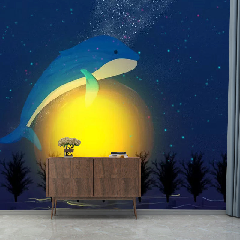 Nordic Whale and Moon Mural Wallpaper for Kids, Customized Size Wall Art in Blue and Yellow Yellow-Blue Clearhalo 'Wall Decor' 'Wall Mural' 1049011