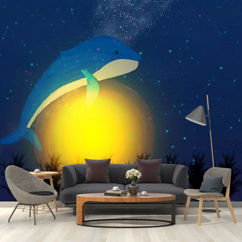 Nordic Whale and Moon Mural Wallpaper for Kids, Customized Size Wall Art in Blue and Yellow Clearhalo 'Wall Decor' 'Wall Mural' 1049012