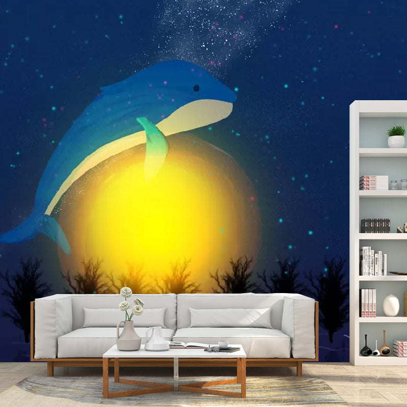 Nordic Whale and Moon Mural Wallpaper for Kids, Customized Size Wall Art in Blue and Yellow Clearhalo 'Wall Decor' 'Wall Mural' 1049013