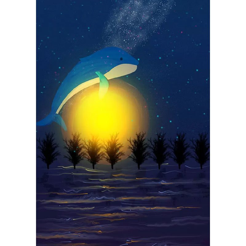 Nordic Whale and Moon Mural Wallpaper for Kids, Customized Size Wall Art in Blue and Yellow Clearhalo 'Wall Decor' 'Wall Mural' 1049014