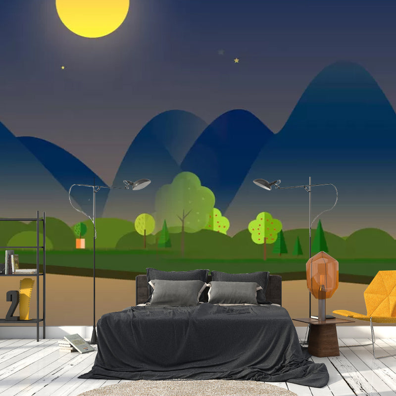 Full Mountain and Moon Mural for Kid's Bedroom River Wall Covering in Grey and Yellow, Stain-Resistant Clearhalo 'Wall Decor' 'Wall Mural' 1049027