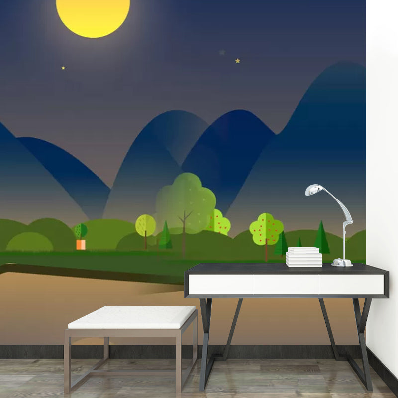 Full Mountain and Moon Mural for Kid's Bedroom River Wall Covering in Grey and Yellow, Stain-Resistant Clearhalo 'Wall Decor' 'Wall Mural' 1049028