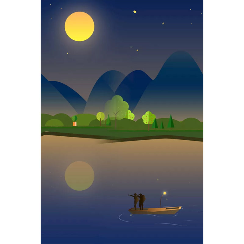 Full Mountain and Moon Mural for Kid's Bedroom River Wall Covering in Grey and Yellow, Stain-Resistant Clearhalo 'Wall Decor' 'Wall Mural' 1049029