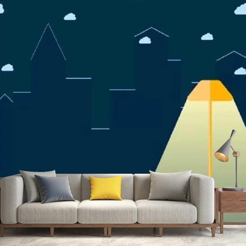 Full Size Illustration Contemporary Mural for Children's Bedroom with Street Lamp Design in Blue and Yellow Yellow-Blue Clearhalo 'Wall Decor' 'Wall Mural' 1049031