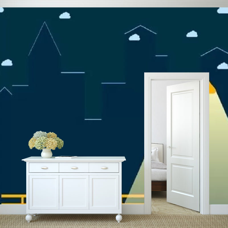 Full Size Illustration Contemporary Mural for Children's Bedroom with Street Lamp Design in Blue and Yellow Clearhalo 'Wall Decor' 'Wall Mural' 1049032