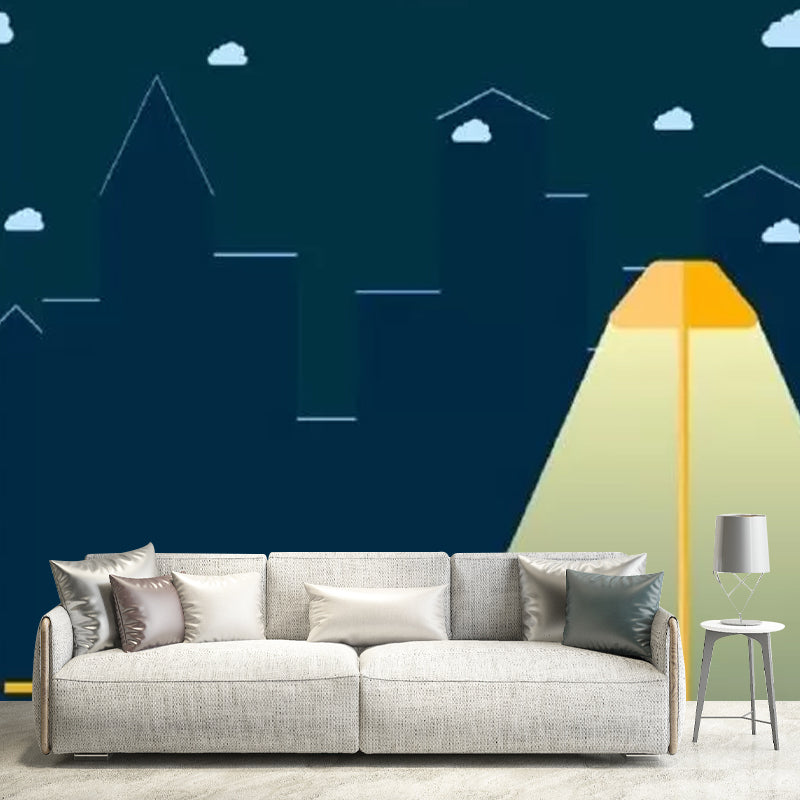 Full Size Illustration Contemporary Mural for Children's Bedroom with Street Lamp Design in Blue and Yellow Clearhalo 'Wall Decor' 'Wall Mural' 1049033