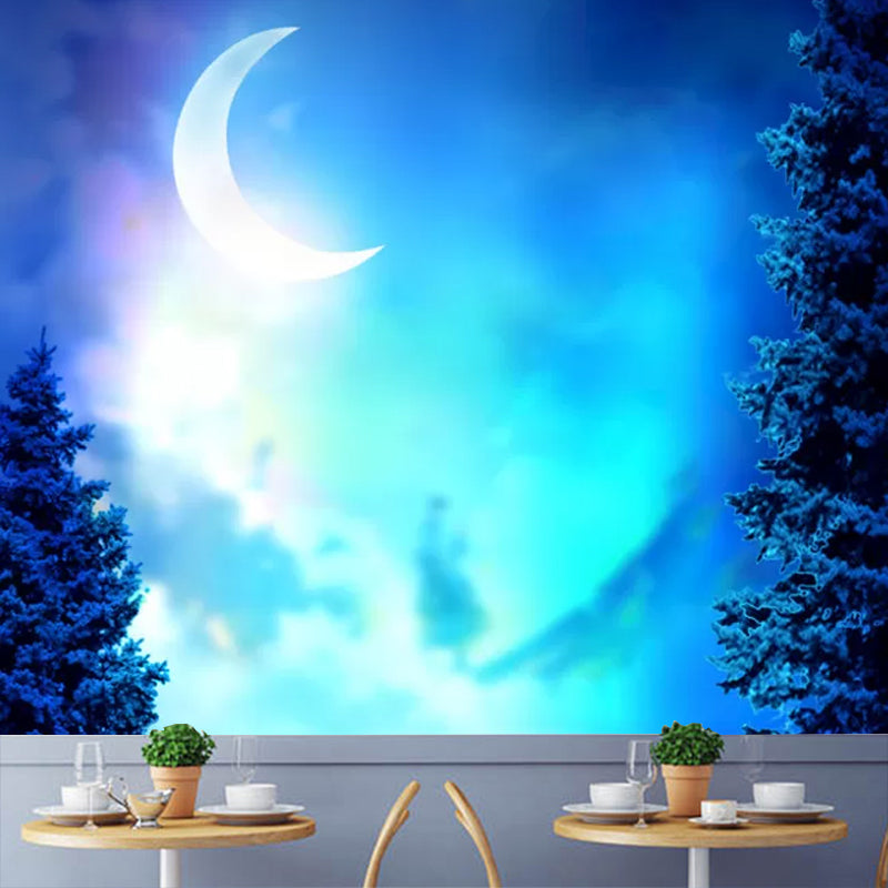 Illustration Moon and Sea Mural Wallpaper Full Size Wall Decor for Bedroom, Made to Measure Blue Clearhalo 'Wall Decor' 'Wall Mural' 1049058