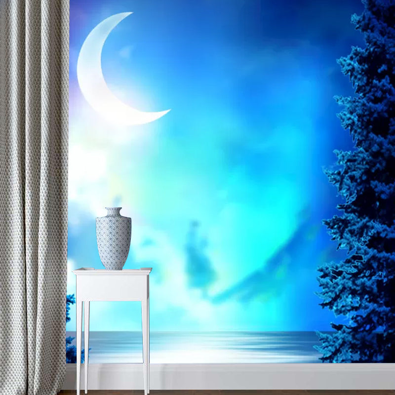 Illustration Moon and Sea Mural Wallpaper Full Size Wall Decor for Bedroom, Made to Measure Clearhalo 'Wall Decor' 'Wall Mural' 1049060