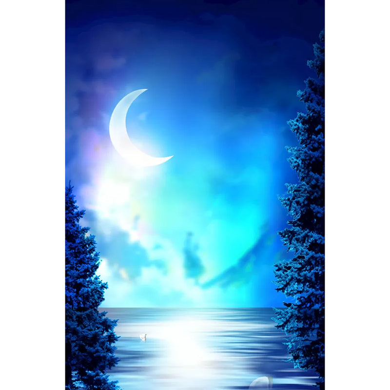 Illustration Moon and Sea Mural Wallpaper Full Size Wall Decor for Bedroom, Made to Measure Clearhalo 'Wall Decor' 'Wall Mural' 1049061