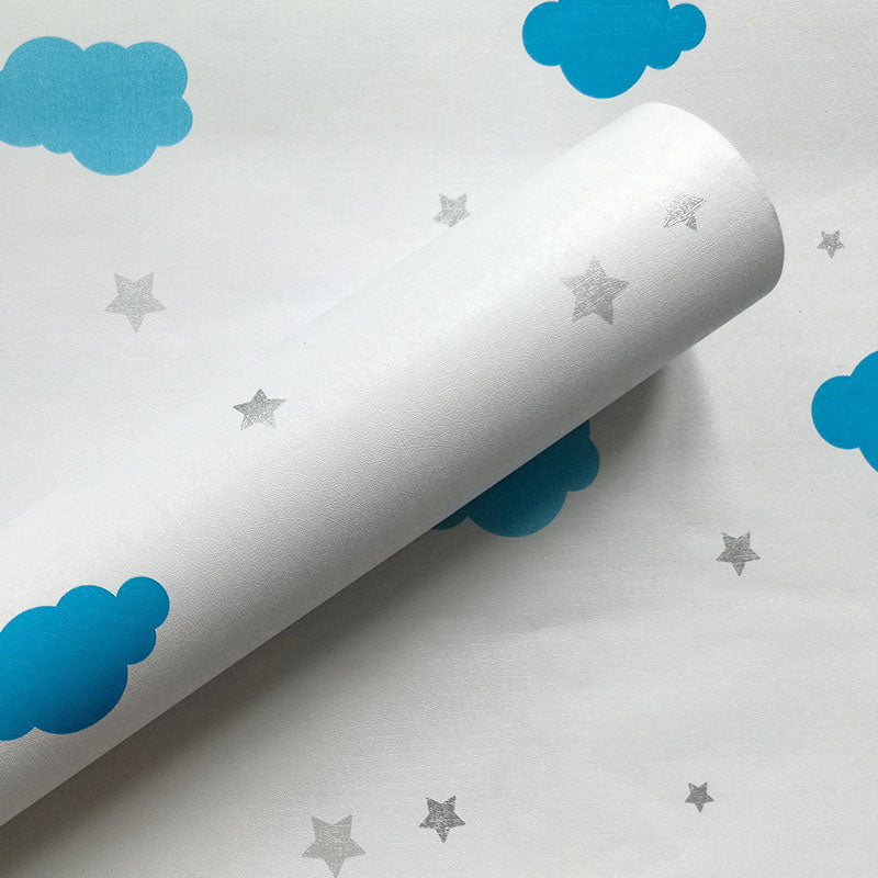 Nordic Wallpaper Roll in Blue and White Cartoon Cloud Wall Covering for Kid, 39.5'L x 23.5