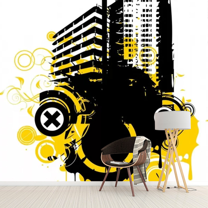 Water-Resistant City Buildings Mural Wallpaper Custom-Made Contemporary Wall Art for Office Room Black-Yellow Clearhalo 'Wall Decor' 'Wall Mural' 1049764