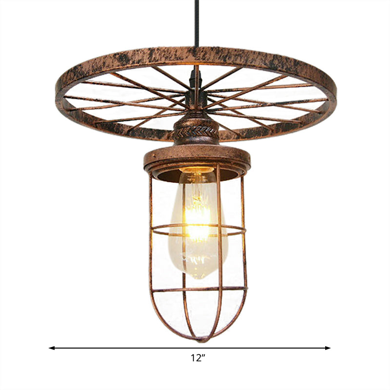 Bronze Wire Frame Hanging Lamp Industrial Stylish Wrought Iron 1 Light Restaurant Ceiling Light with Wheel Clearhalo 'Art Deco Pendants' 'Cast Iron' 'Ceiling Lights' 'Ceramic' 'Crystal' 'Industrial Pendants' 'Industrial' 'Metal' 'Middle Century Pendants' 'Pendant Lights' 'Pendants' 'Tiffany' Lighting' 105259