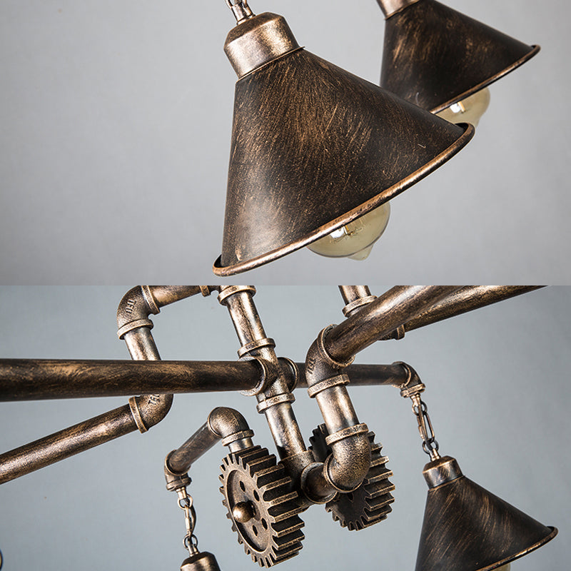 Conical Metal Chandelier Lighting Farmhouse 6 Bulbs Dining Room Ceiling Pendant Light with Pipe and Gear in Bronze Clearhalo 'Cast Iron' 'Ceiling Lights' 'Chandeliers' 'Industrial Chandeliers' 'Industrial' 'Metal' 'Middle Century Chandeliers' 'Rustic Chandeliers' 'Tiffany' Lighting' 105467