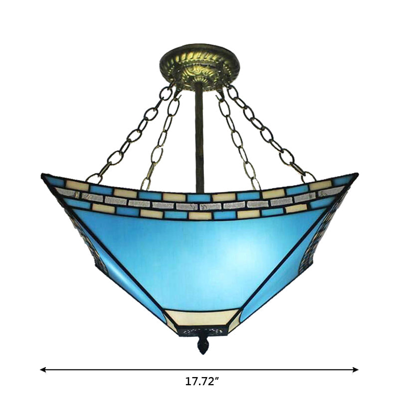 Bedroom Ceiling Lights Tiffany, 3-Lights Pyramid Semi Flush Light with Chain and Stained Glass Shade, 18